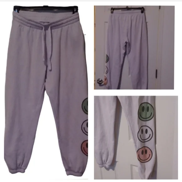 -- White Sweatpants with Colorful Smiley Faces - Picture 2 of 7